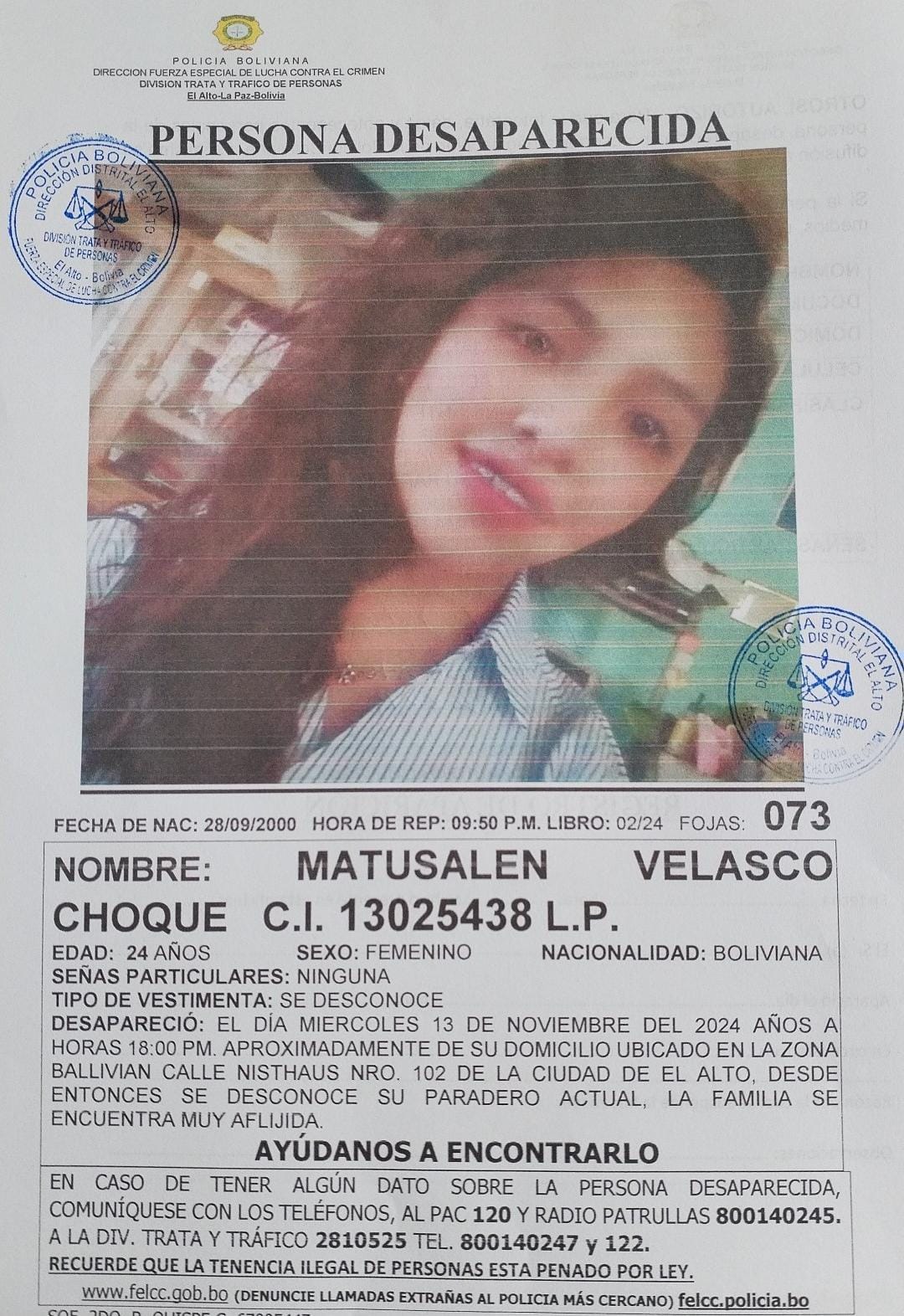 BUSCAMOS A 𝗠𝗔𝗧𝗨𝗦𝗔𝗟𝗘𝗡 𝗩𝗘𝗟𝗔𝗦𝗖𝗢 𝗖𝗛𝗢𝗤𝗨𝗘 DE 24 AÑOS DE EDAD