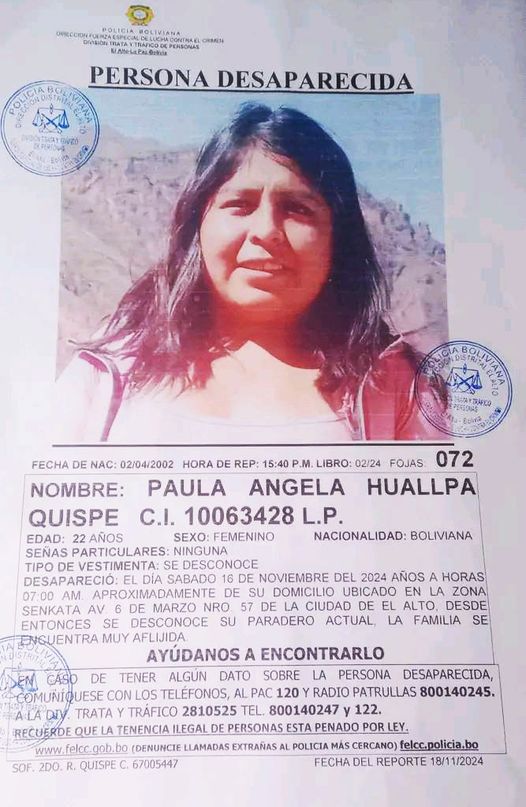 BUSCAMOS A 𝗣𝗔𝗨𝗟𝗔 𝗔𝗡𝗚𝗘𝗟𝗔 𝗛𝗨𝗔𝗟𝗟𝗣𝗔 𝗤𝗨𝗜𝗦𝗣𝗘 DE 22 AÑOS DE EDAD