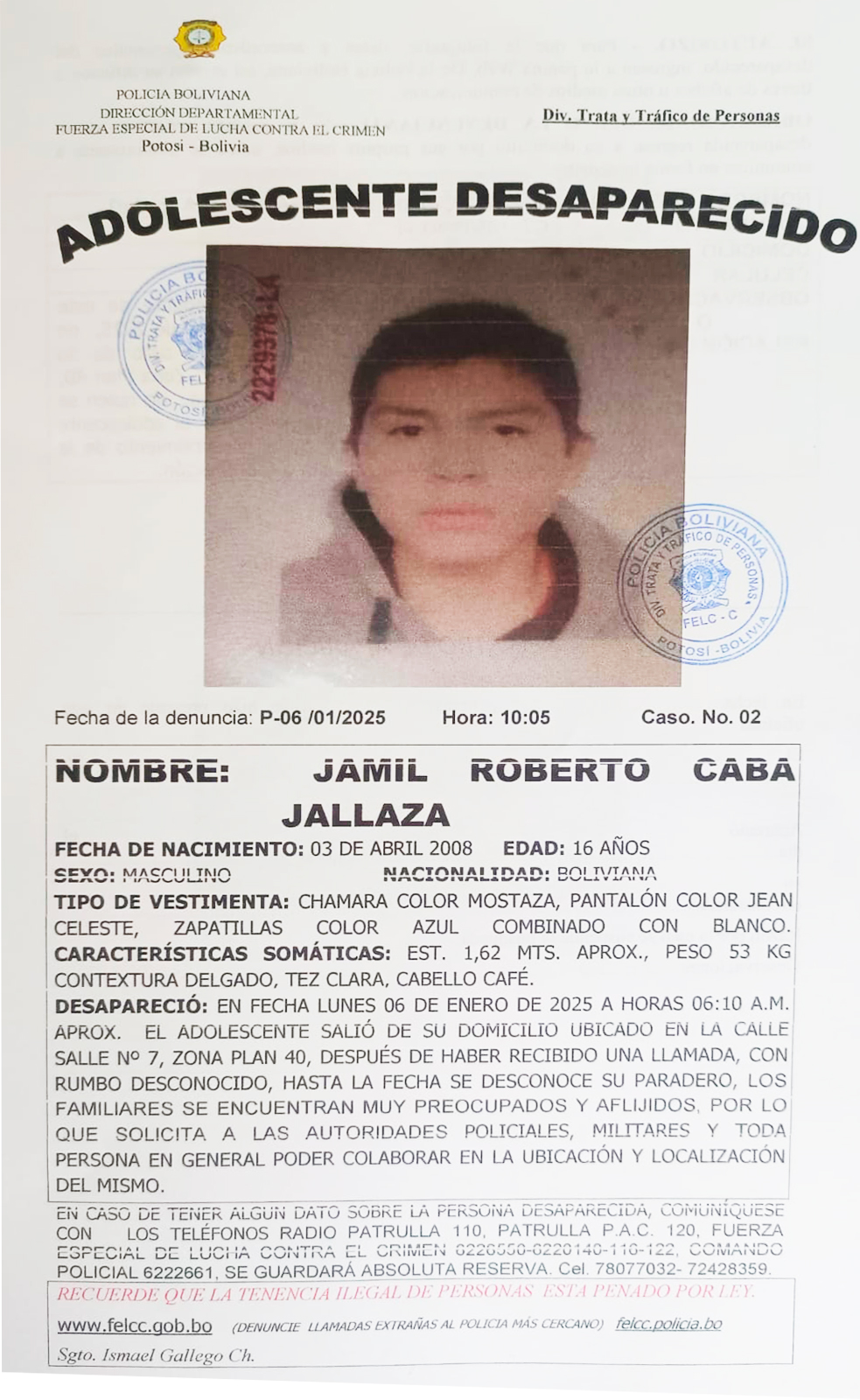 BUSCAMOS A 𝗝𝗔𝗠𝗜𝗟 𝗥𝗢𝗕𝗘𝗥𝗧𝗢 𝗖𝗔𝗕𝗔 𝗝𝗔𝗟𝗟𝗔𝗭𝗔 DE 16 AÑOS DE EDAD