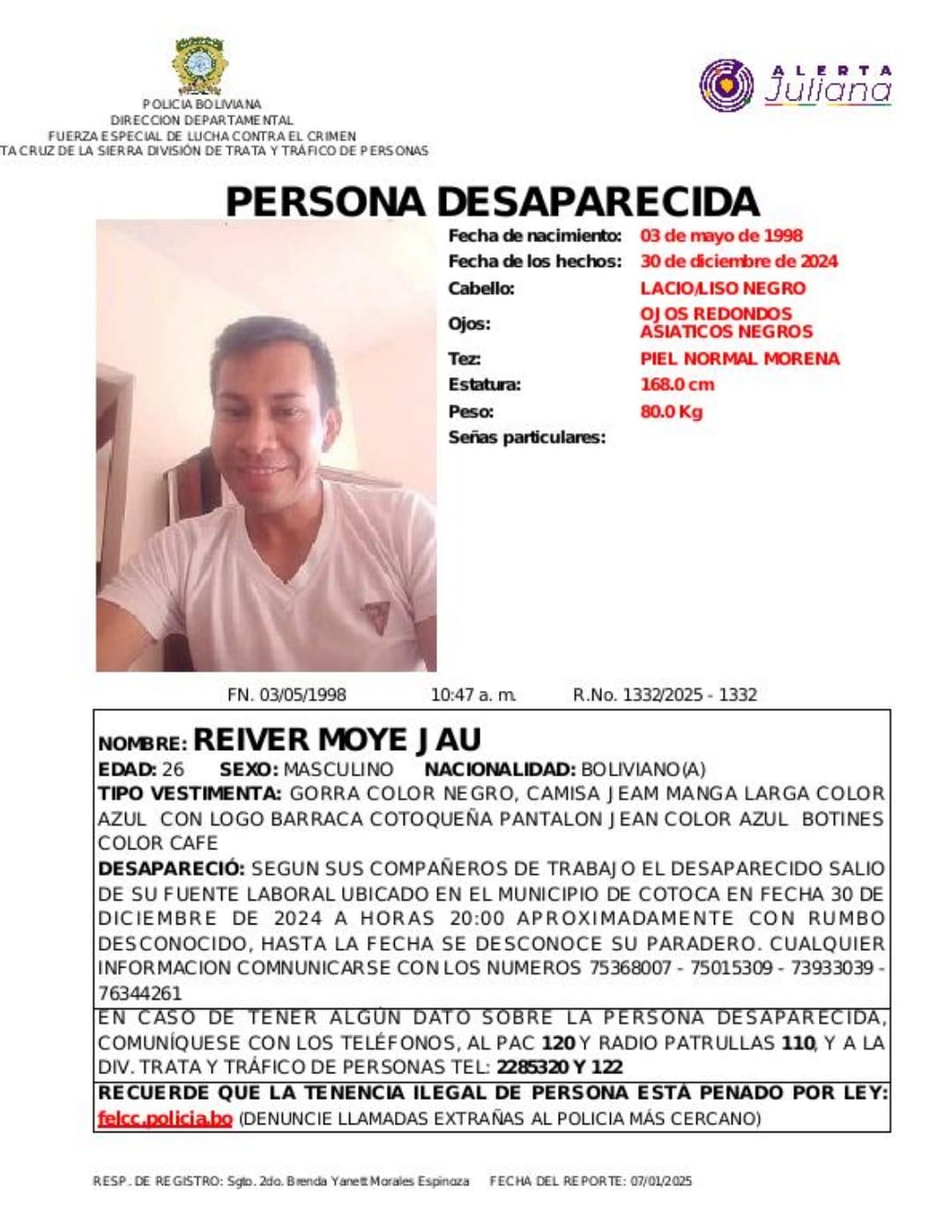 BUSCAMOS A 𝗥𝗘𝗜𝗩𝗘𝗥 𝗠𝗢𝗬𝗘 𝗝𝗔𝗨 DE 26 AÑOS DE EDAD