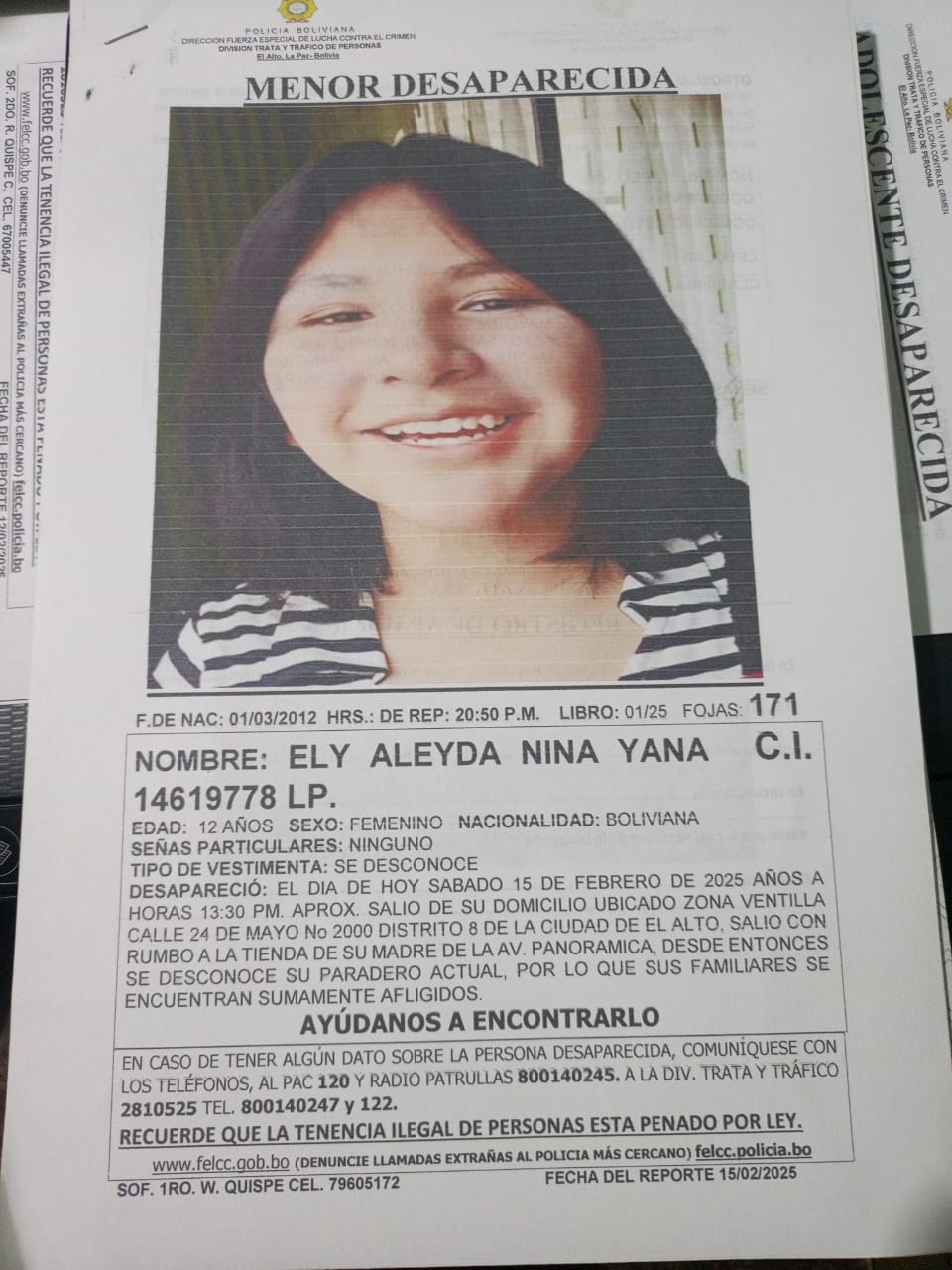 BUSCAMOS A 𝗘𝗟𝗬 𝗔𝗟𝗘𝗬𝗗𝗔 𝗡𝗜𝗡𝗔 𝗬𝗔𝗡𝗔 DE 12 AÑOS DE EDAD