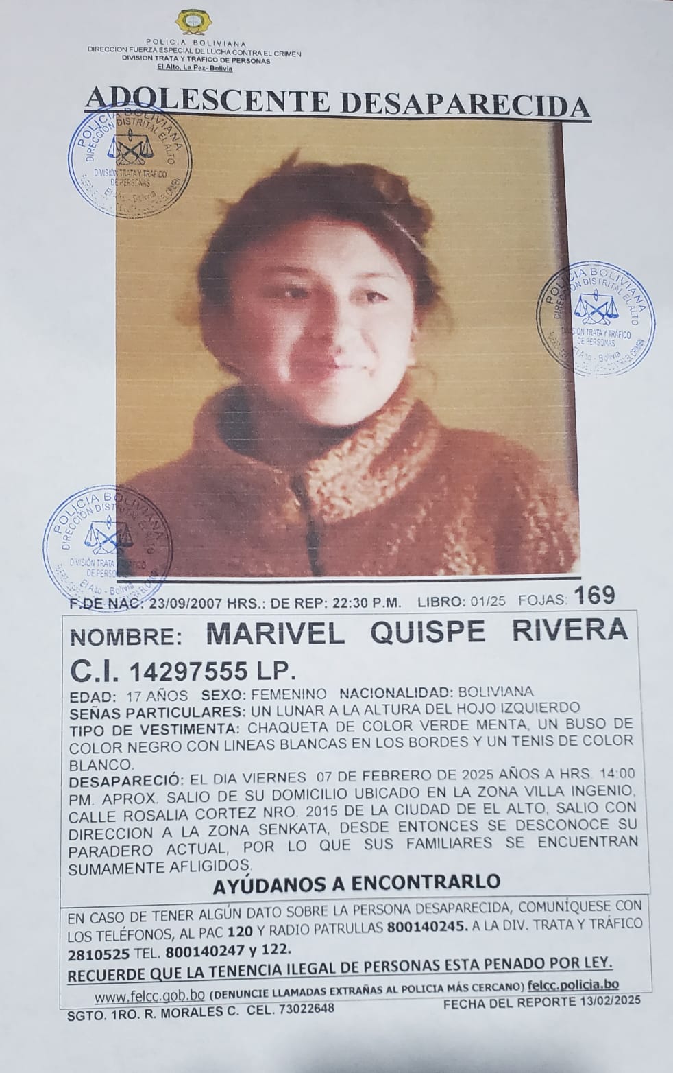 BUSCAMOS A 𝗠𝗔𝗥𝗜𝗩𝗘𝗟 𝗤𝗨𝗜𝗦𝗣𝗘 𝗥𝗜𝗩𝗘𝗥𝗔 DE 17 AÑOS DE EDAD