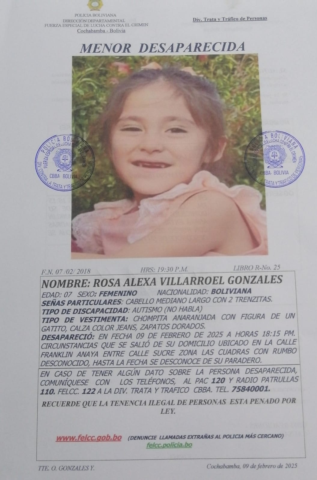 BUSCAMOS A 𝗥𝗢𝗦𝗔 𝗔𝗟𝗘𝗫𝗔 𝗩𝗜𝗟𝗟𝗔𝗥𝗥𝗢𝗘𝗟 𝗚𝗢𝗡𝗭𝗔𝗟𝗘𝗦 DE 07 AÑOS DE EDAD